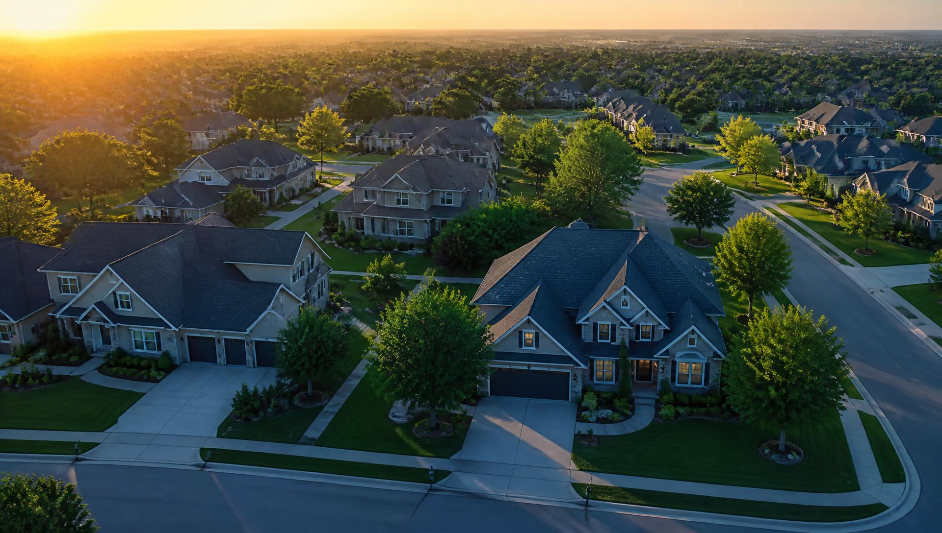 American suburban neighborhood at golden hour
